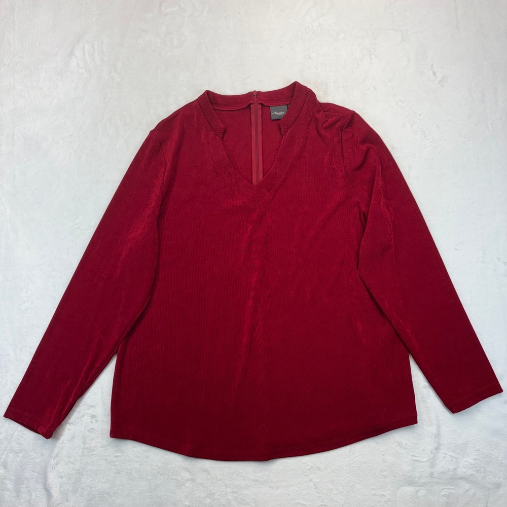 Chicos Travelers Red V-Neck Long Sleeve Top Size 3 Zip Back